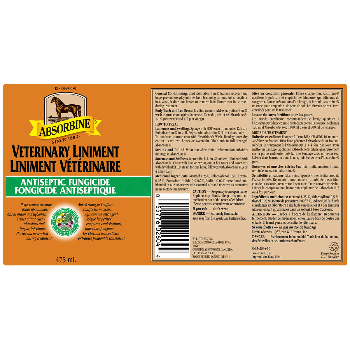 Absorbine Veterinary Liniment 475 ml back label.