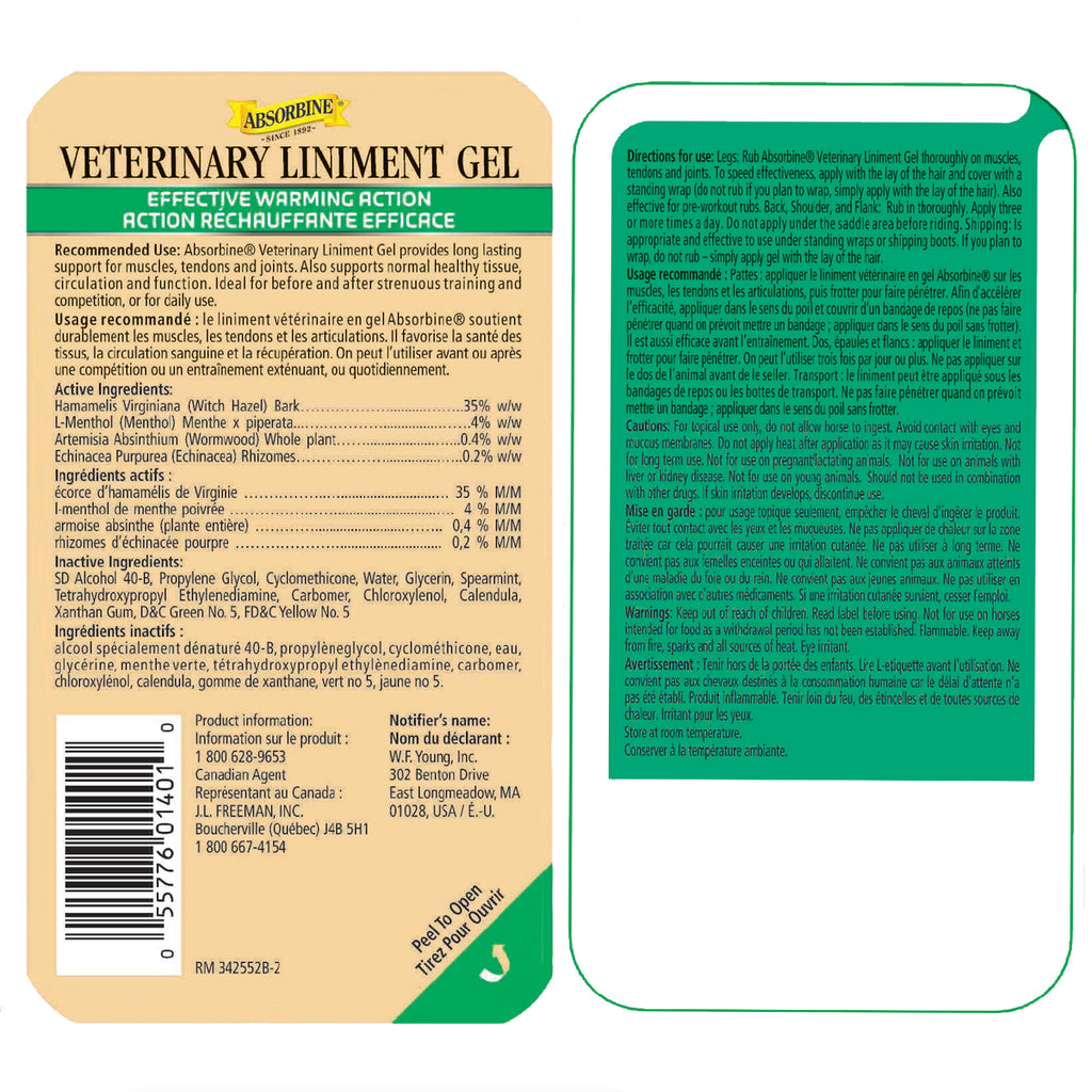 Absorbine Veterinary Liniment gel, effective warming action, spearmint herbal gel back label.