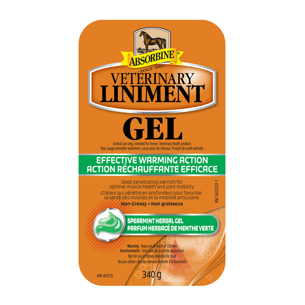 Absorbine Veterinary Liniment gel, effective warming action, spearmint herbal gel 340 g  front label.