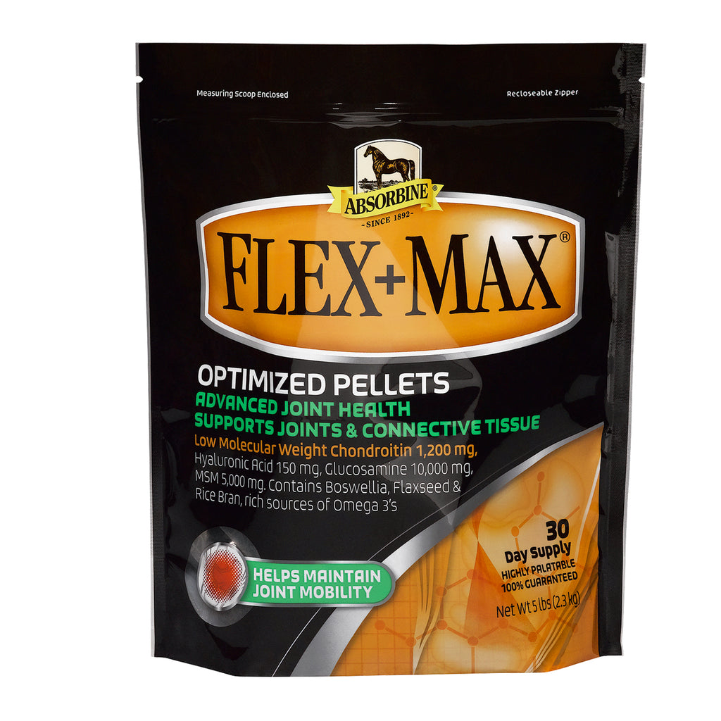 Absorbine Flex plus Max advanced joint health, optimized pellets.  Supports joints and connective tissue 30 day supply in a 2.3 kg bag.
