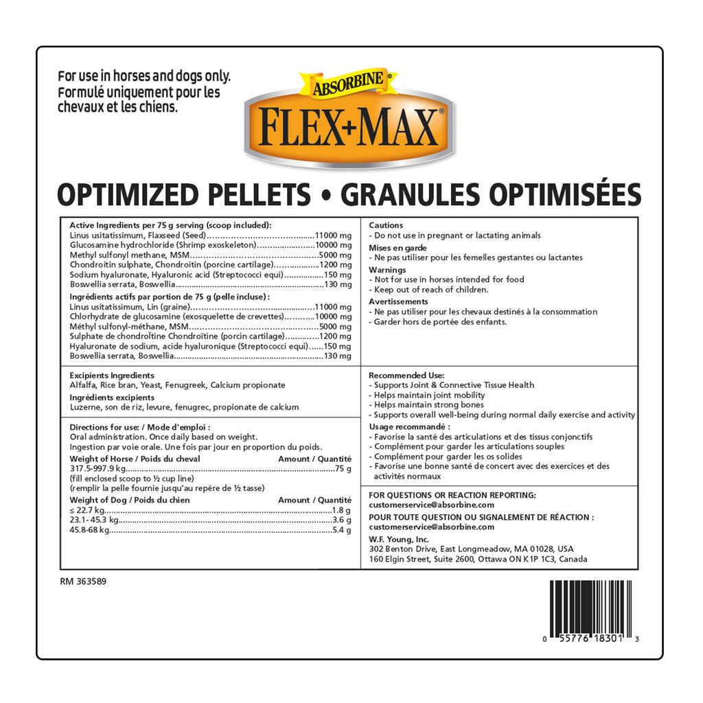 Absorbine Flex plus Max optimized supplement pellets back label.