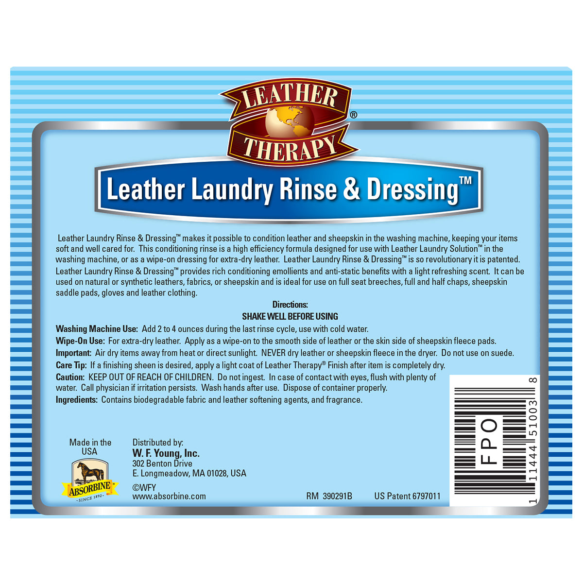 Leather Therapy brand Leather Laundry Rinse & Dressing back label.